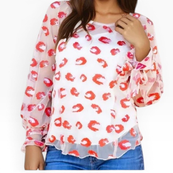 Eva Franco Tops - Eva Franco Cheetah Rose Mesh Blouse M Tan Red Embroidered Tie Cuff‎ Art to Wear